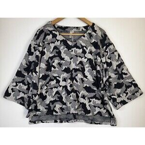 Kleen Top Womens Medium Gray Black Camo‎ Knit Pullover Boxy Boho Textured Casual
